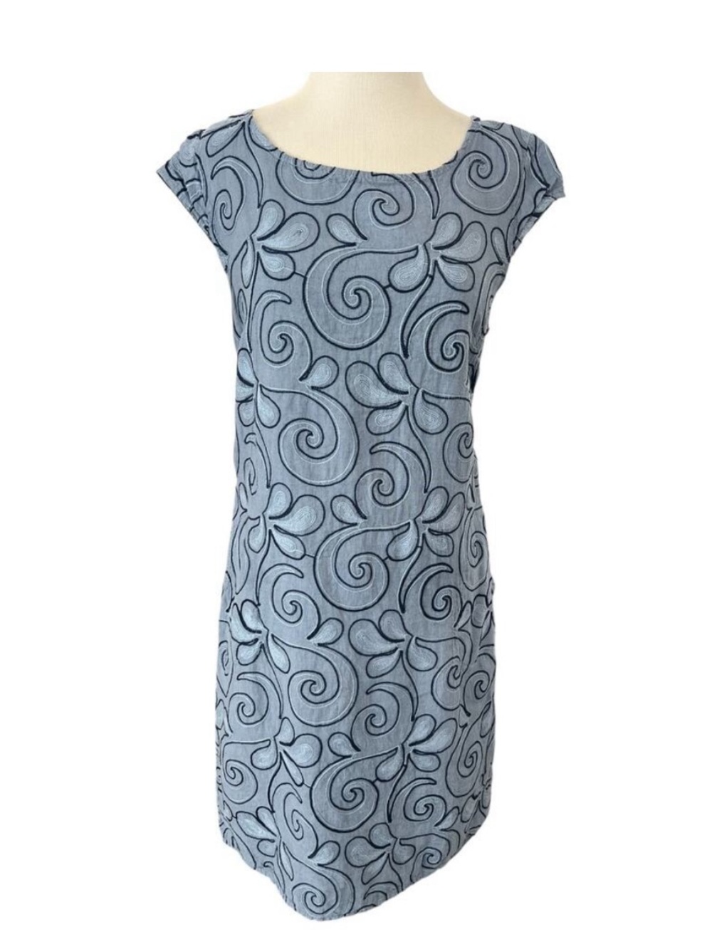 Lina Tomei Large 100% Linen Dress Embroidered Blue Made In Italy Cap Sleeve